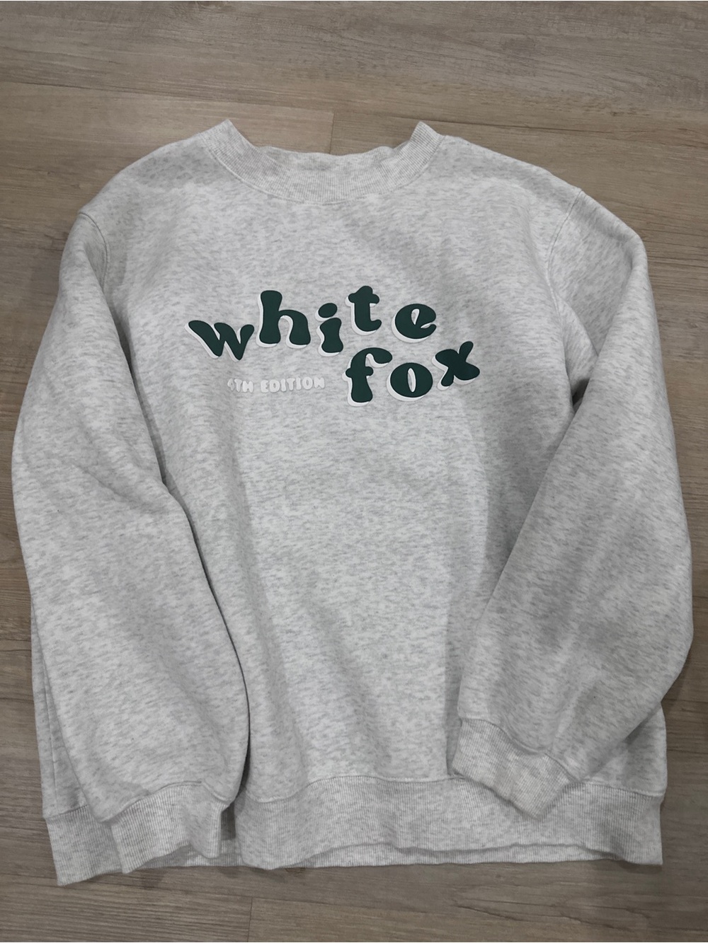 White Fox Boutique Light Gray Crewneck Sweatshirt with Dark Green Logo